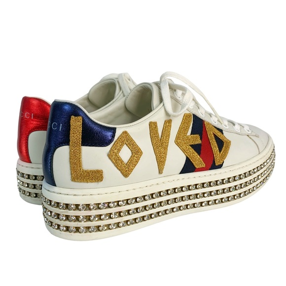 GUCCI Calfskin Crystal Web LOVED Embroidered Ace Flame Web Platform Sneakers 37 - Picture 9 of 16